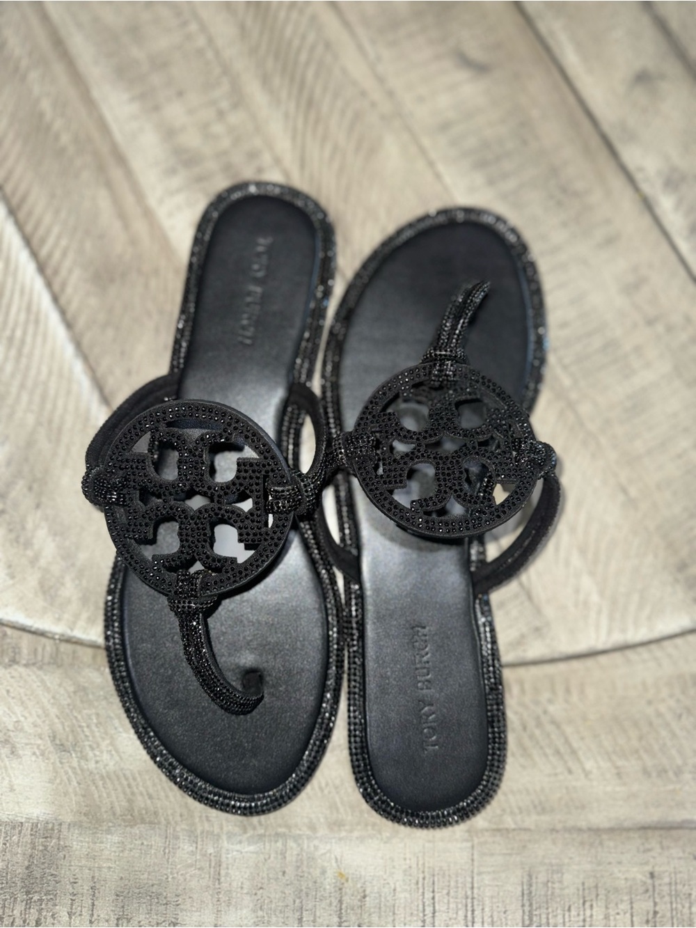 Tory Burch Black Crystal Logo Thong Sandals